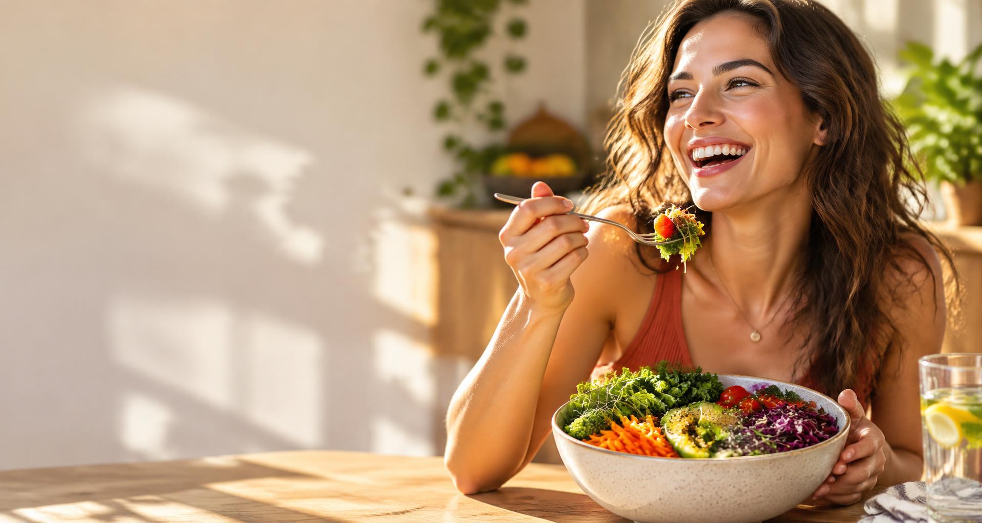 Mujer sonriendo con un bowl de comida fresca y saludable